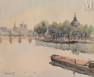 Péniche sur la Seine, le pont des Arts et l’Institut de France, Paris