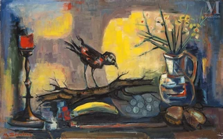 Nature morte au bouquet de fleurs et corneille
